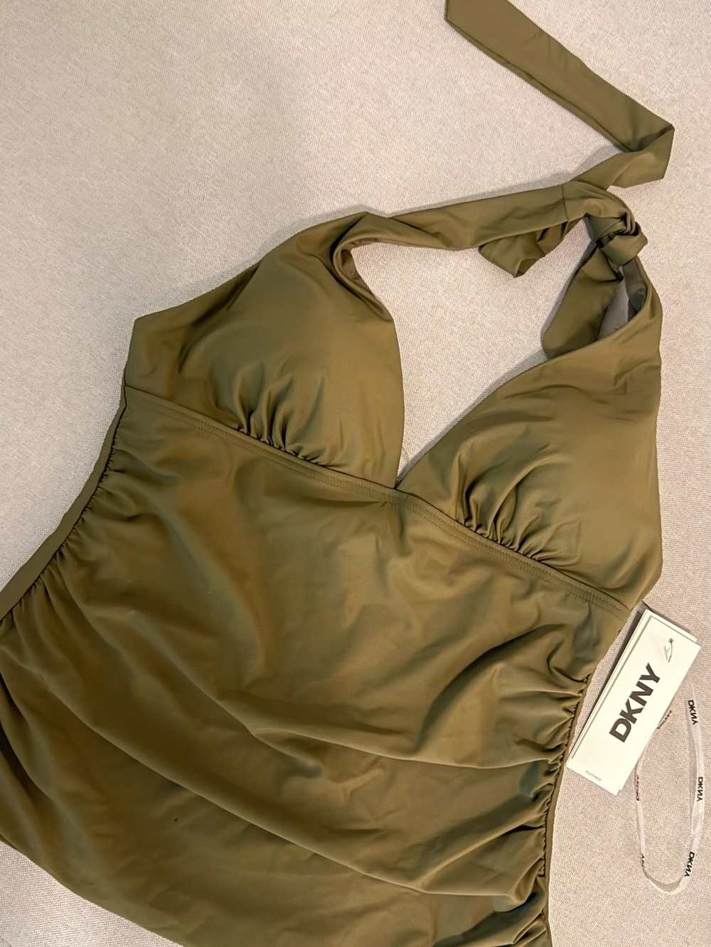 DKNY Olive Green Ruched Halter Tankini Top Women's Size M Swim NWT - Picture 4 of 5